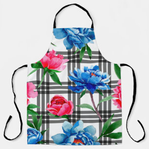 Tablier Fleur sauvage rouge et bleu pivoines fleurs motif 