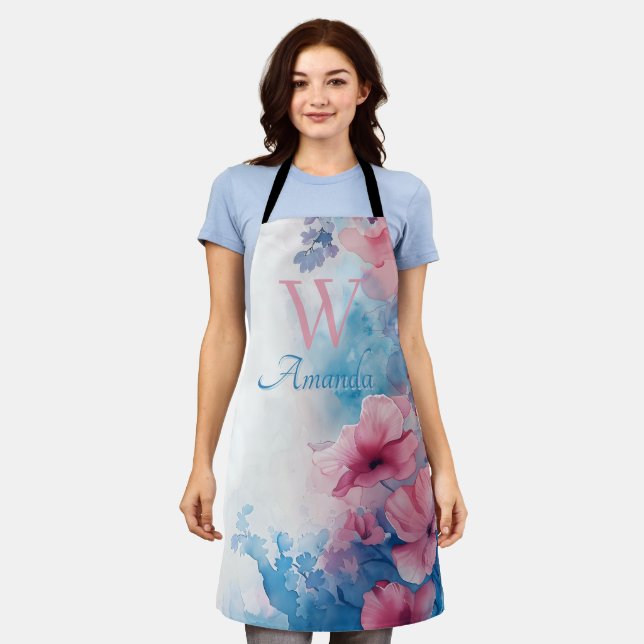 Tablier Fleurs Aquarelle douce en rose et bleu (Porté)