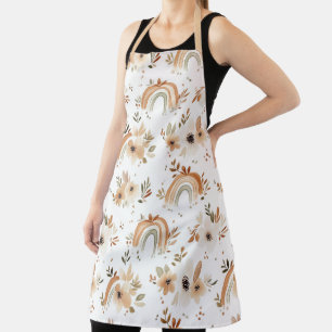 Tablier Fleurs beige, feuillage et arcs-en-ciel