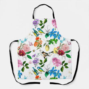Tablier Fleurs blanches, oiseaux, abeilles, citron, papill