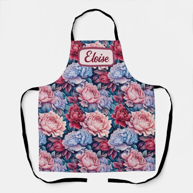 Tablier Fleurs bleues et roses Personnalisées (Recto)