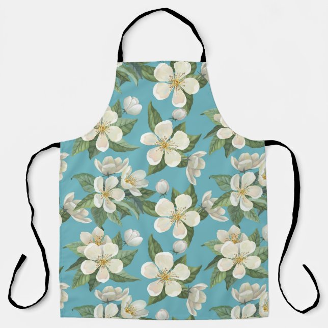 Tablier Fleurs d'aquarelle blanche Feuilles verts (Recto)