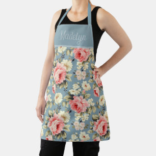 Tablier Fleurs de jardin de campagne Monogramme Bleu pouss