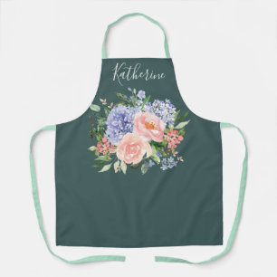 Tablier Fleurs de printemps bleu rose aquarelle monogrammé