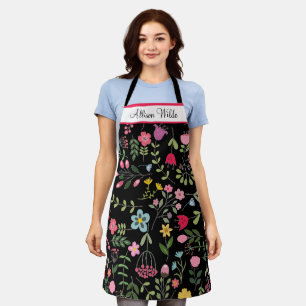 Tablier Fleurs de printemps sur fond noir Personnalisé