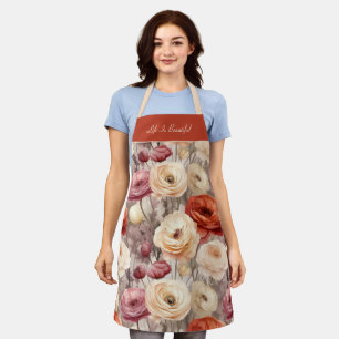 Tablier Fleurs de Ranunculus Crème Rose Rouge  