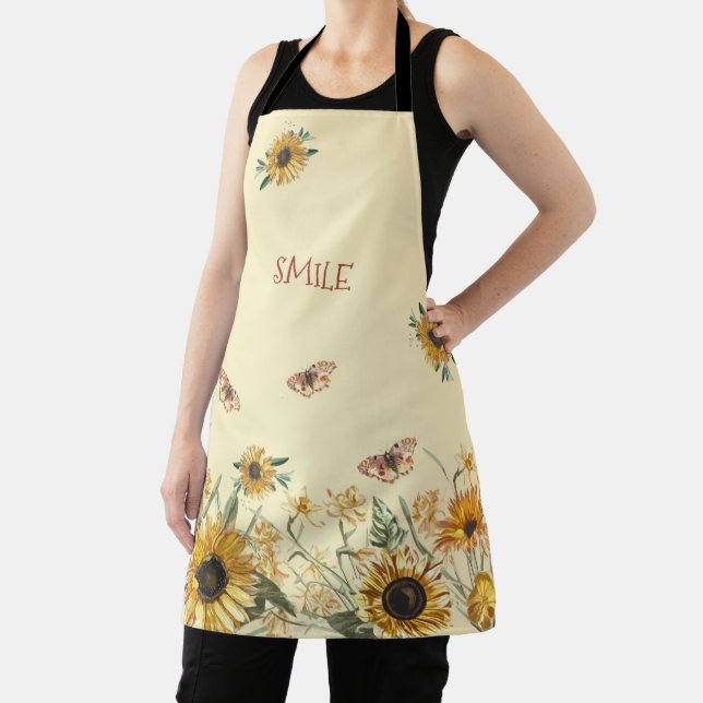 Tablier Fleurs de soleil et papillons sur crème jaune  (Insitu)