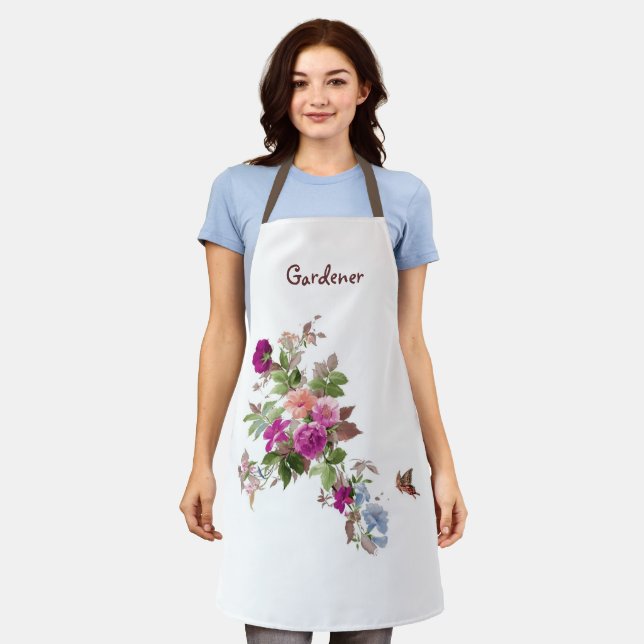 Tablier Fleurs et jardinier papillon Personnalisé  (Porté)
