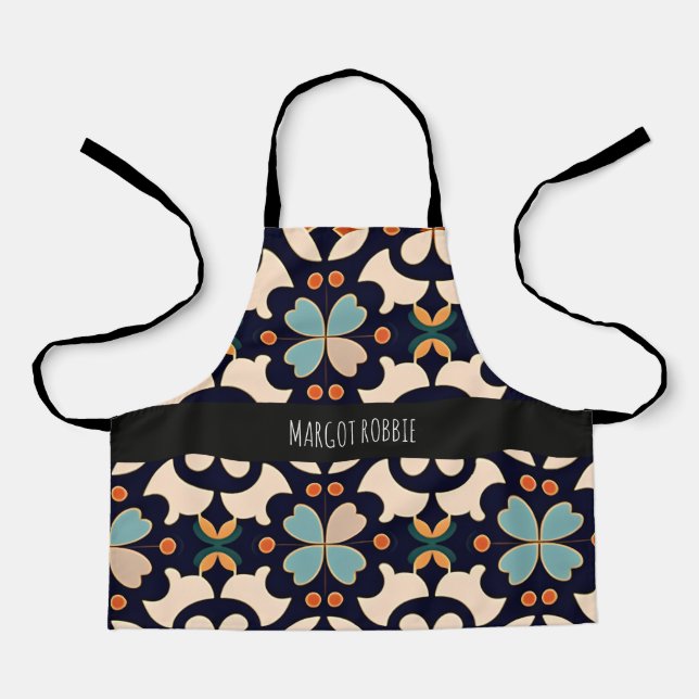 Tablier Fleurs Isométriques Bleu Orange Floral Motif Rétro (Recto)