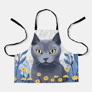 Tablier Fleurs Jaunes Chat Bleu Russe