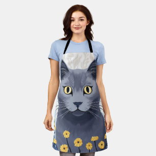 Tablier Fleurs Jaunes Chat Bleu Russe