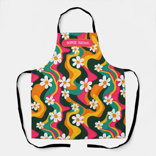Tablier Fleurs marguerites Motif rétro animé avec nom (Recto)