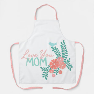 Tablier Fleurs roses et oiseaux bleus aiment texte maman