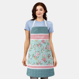 Tablier Fleurs roses personnalisées pastel bleu sarcelle b