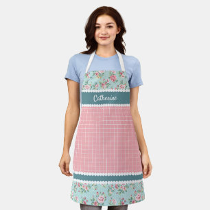 Tablier Fleurs roses personnalisées pastel françaises bleu
