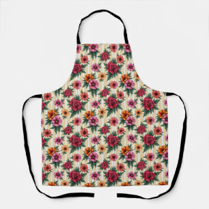 Tablier Fleurs roses rouges et dorées sur rayures beige
