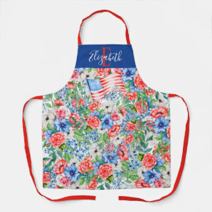 Tablier Fleurs rouges, blanches et bleues Monogramme 4 jui