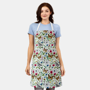 Tablier Fleurs sauvages et papillons sur blanc