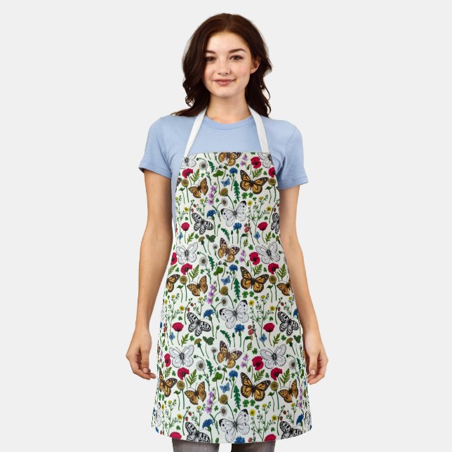 Tablier Fleurs sauvages et papillons sur blanc (Porté)