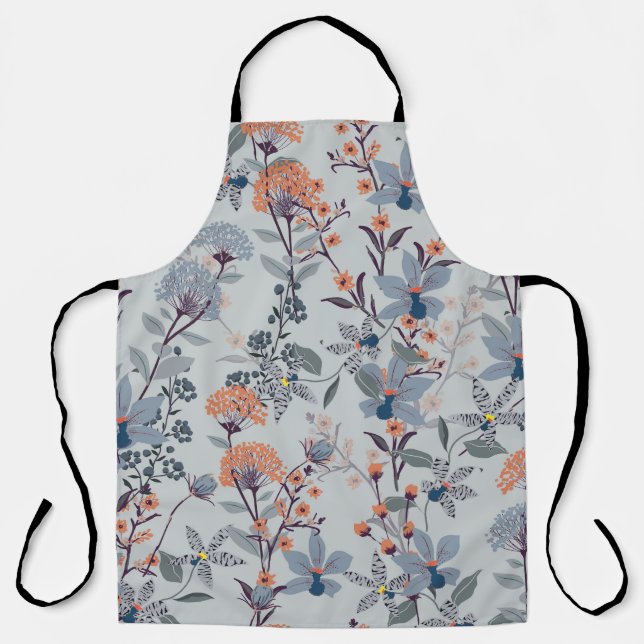 Tablier Fleurs sauvages sur bleu, motif botanique. (Recto)