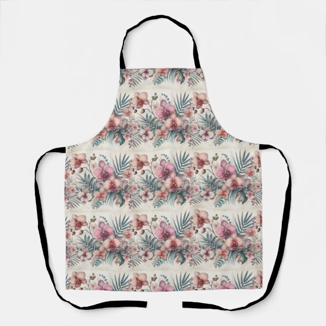 Tablier Fleurs tropicales et aquarelle feuille (Recto)
