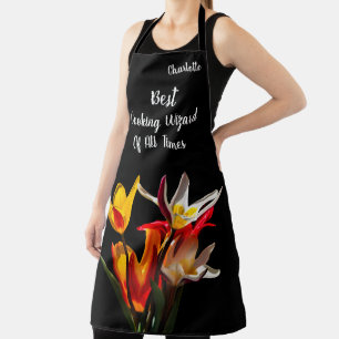 Tablier Fleurs Tulipes Élégantes Sur Noir