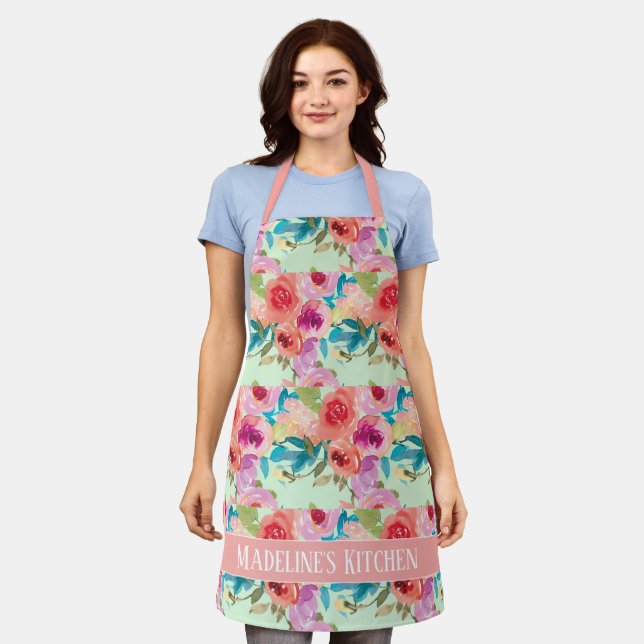 Tablier Fleurs violettes rose Mint Aquarelle Boho Cuisine (Porté)