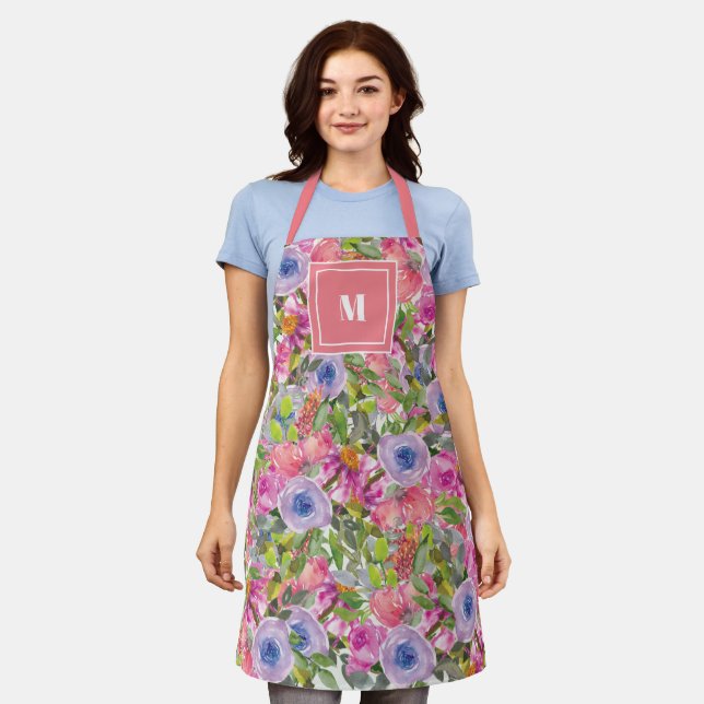 Tablier Fleurs violettes roses Feuilles verts Boho Monogra (Porté)