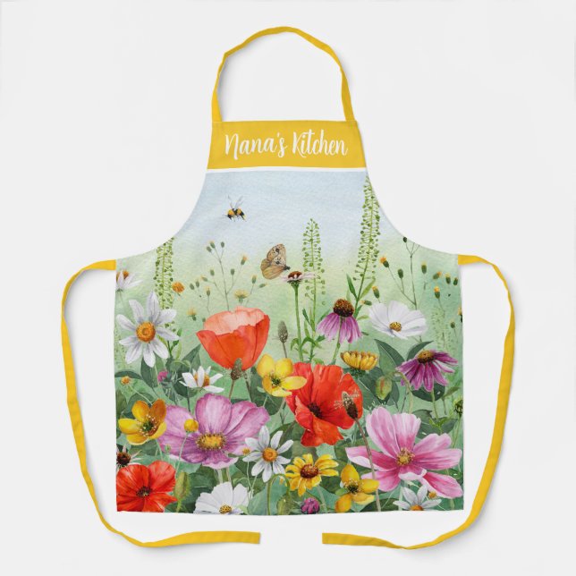 Tablier Floral aquarelle fleur sauvage nom personnalisé (Recto)