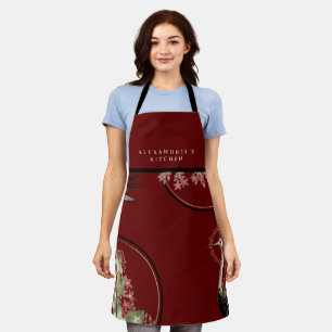 Tablier Floral Artistique Bourgogne + Votre Nom Cuisine