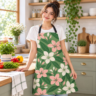 Tablier floral botanique vert Fleurs tropicales