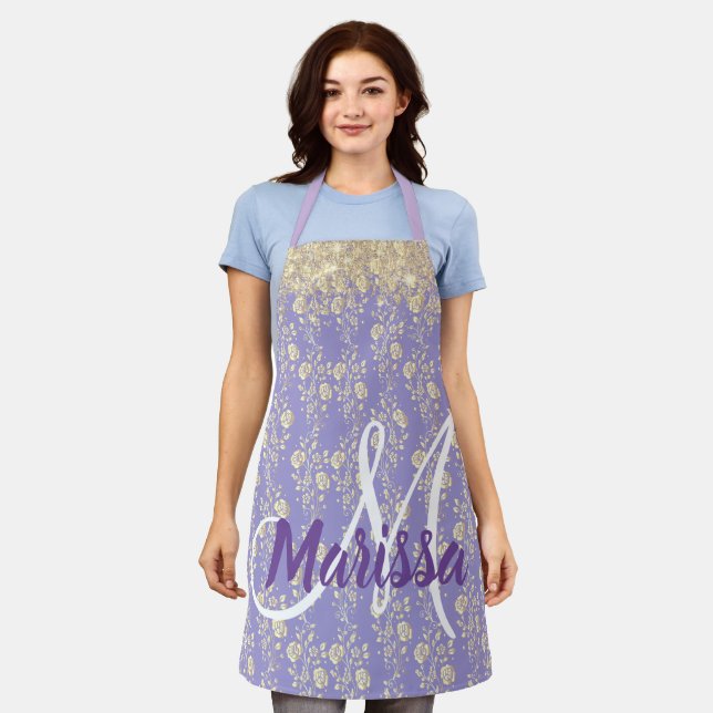 Tablier Floral d'or Monogram sur Lavender (Porté)