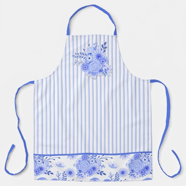 Tablier Floral et rayures bleu et blanc (Recto)