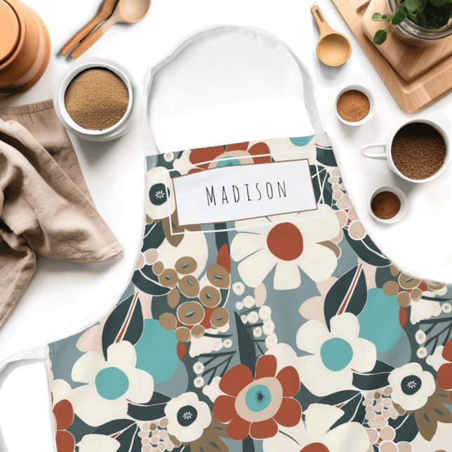 Tablier Floral Rétro Mi-Siècle moderne Nom Apron (Get creative in the kitchen with our personalized Floral Boho Mid Century Modern apron! )