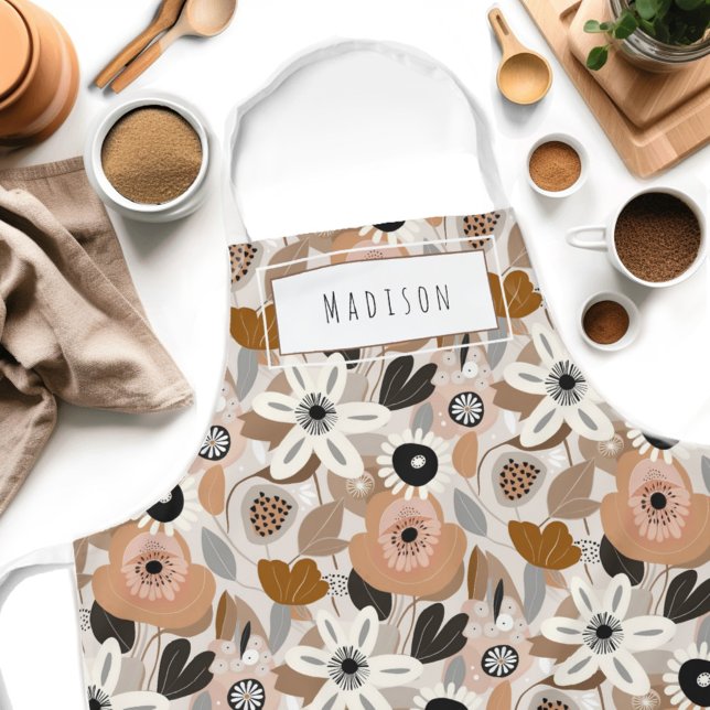 Tablier Floral Rétro Mi-Siècle moderne Nom Apron (Indulge in the retro charm of our Wild on Flowers apron.  Cook in style and let your name shine!)