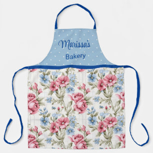 Tablier Floral rose et bleu ciel - Pois Monogramme