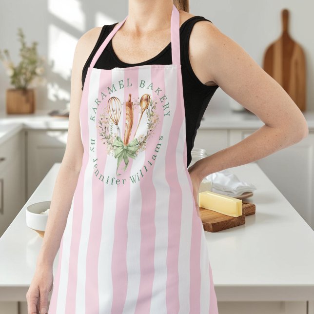 Tablier Floral Utensils Cooking Bakery Name Apron (Pink stripe Utensils Cooking Bow Apron)