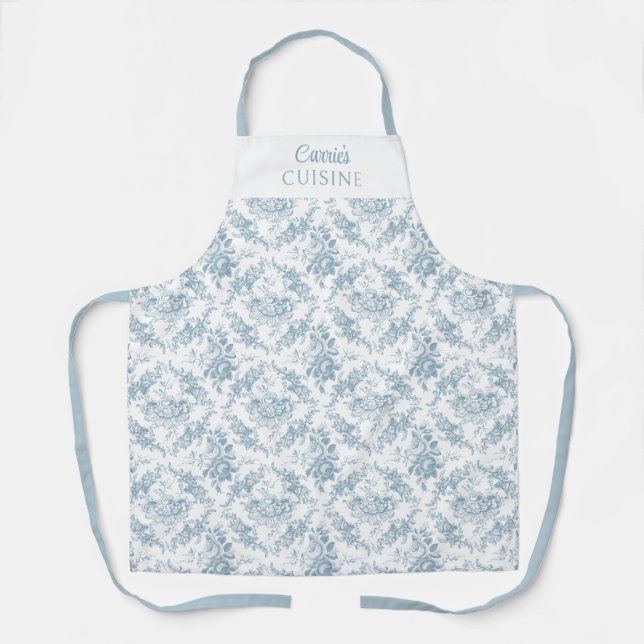 Tablier Flore gravé bleu et blanc personnalisé (Recto)