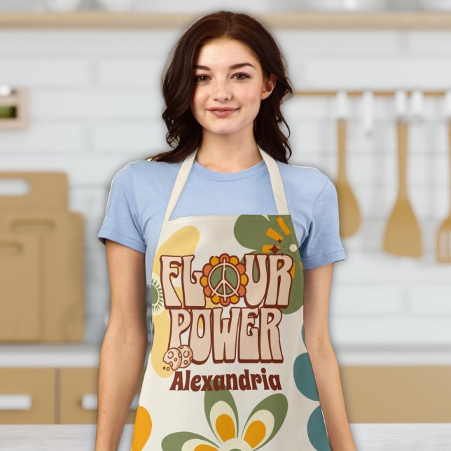 Tablier "Flour Power" Retro 60s amusant Cuisine de cuisson ("flour power" 60s 70s hippy apron funny cute retro w/ custom name peace sign baking apron for women)