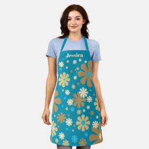 Tablier Flowerama Retro Floral Personnalisé Turquoise