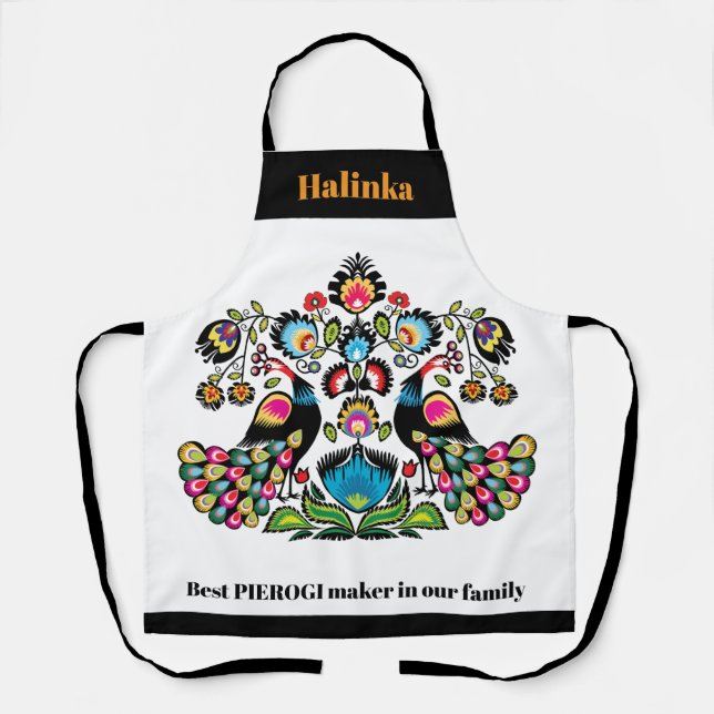 Tablier Folklore polonais avec paons, texte personnalisé (Recto)