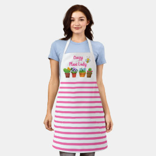 Tablier Folle de plantes / Rayure rose avec pots de fleurs