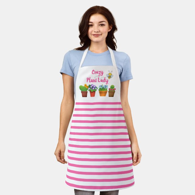 Tablier Folle de plantes / Rayure rose avec pots de fleurs (Porté)