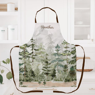 Tablier Forêt de pins verte aquarelle sur montagne