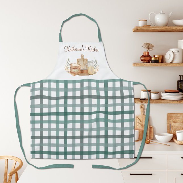Tablier Fournitures de pâtisserie à carreaux gingham vert  (In situ)