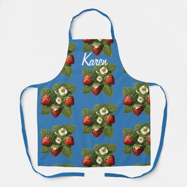 Tablier Fraises en bleu français -personnalisées (Recto)