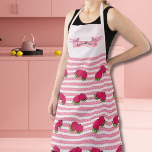Tablier Fraises mignonnes et lignes roses Design Nom perso