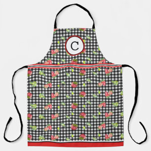 Tablier Fraises sur Gingham Noir Monogrammé