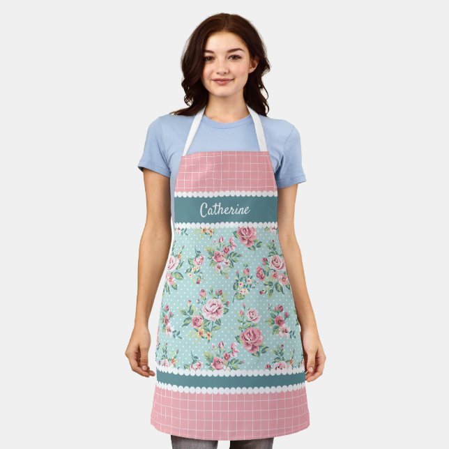 Tablier French Shabby Chic Pastel Turquoise Rose Bleu (Porté)