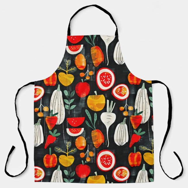 Tablier Fruits et légumes rétro modernes sur le Motif noir (Recto)